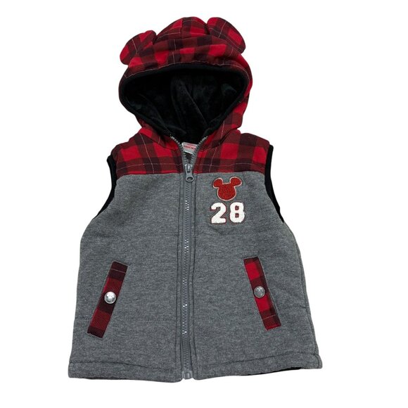 Disney Mickey Mouse Toddler Vest 2T Red & Gray Plaid Hooded Jacket - Picture 1 of 4